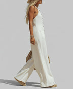 Halter Wide Leg Jumpsuit - Linen Look Casual Summer Romper with Pockets