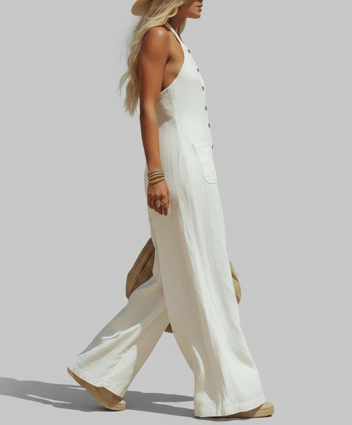 Halter Wide Leg Jumpsuit - Linen Look Casual Summer Romper with Pockets