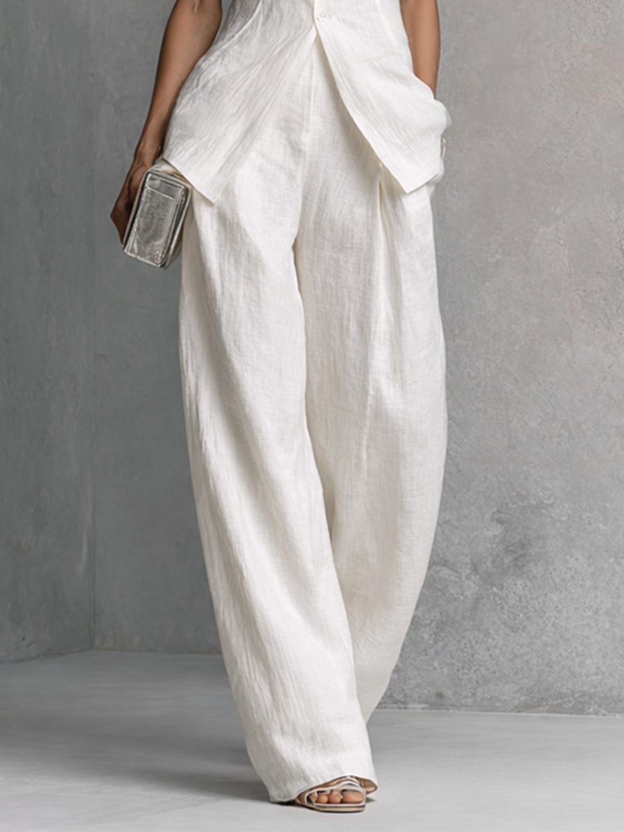 White Cotton Linen Sleeveless Top and Wide Leg Pants Set for Women