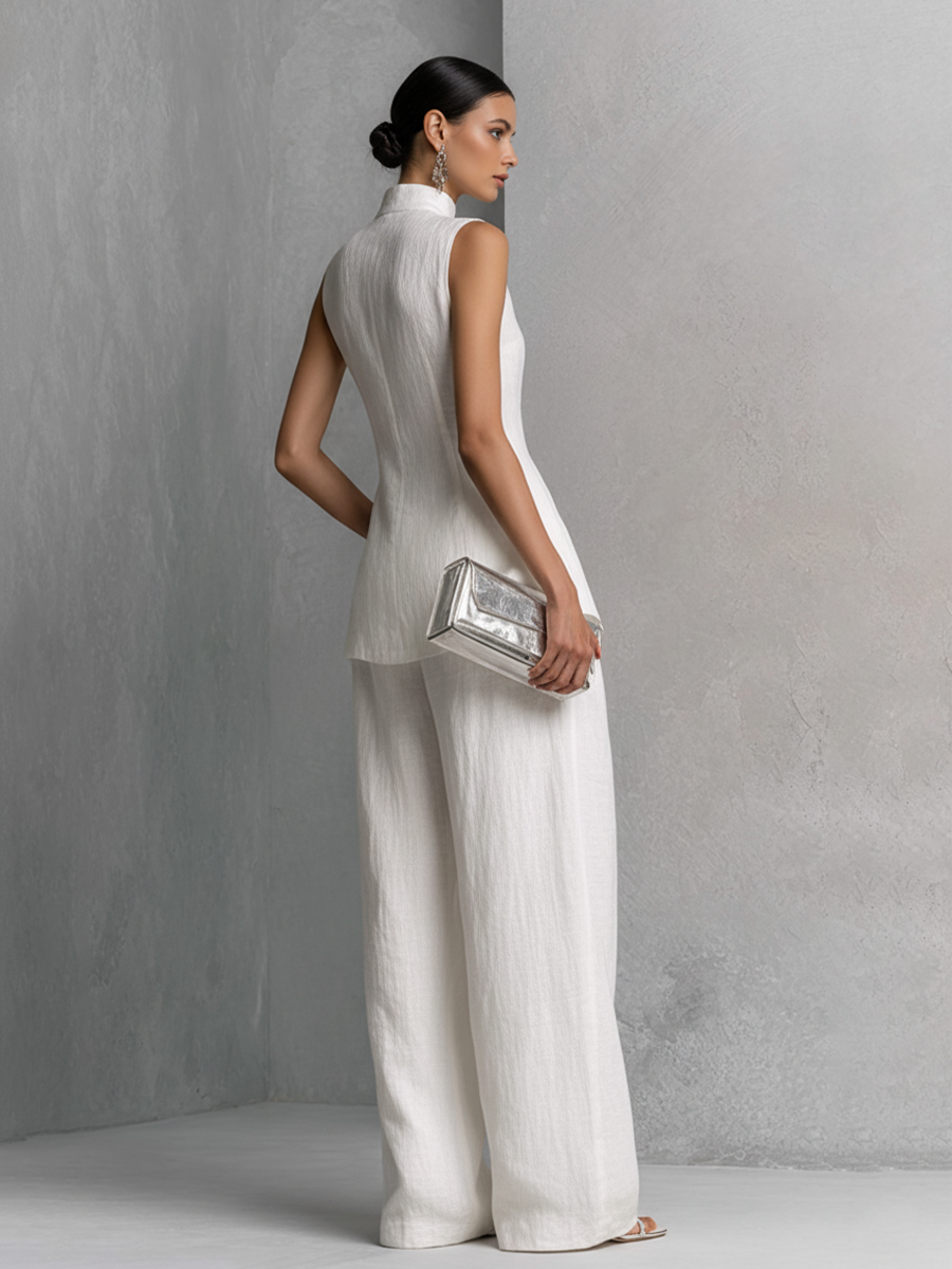 White Cotton Linen Sleeveless Top and Wide Leg Pants Set for Women