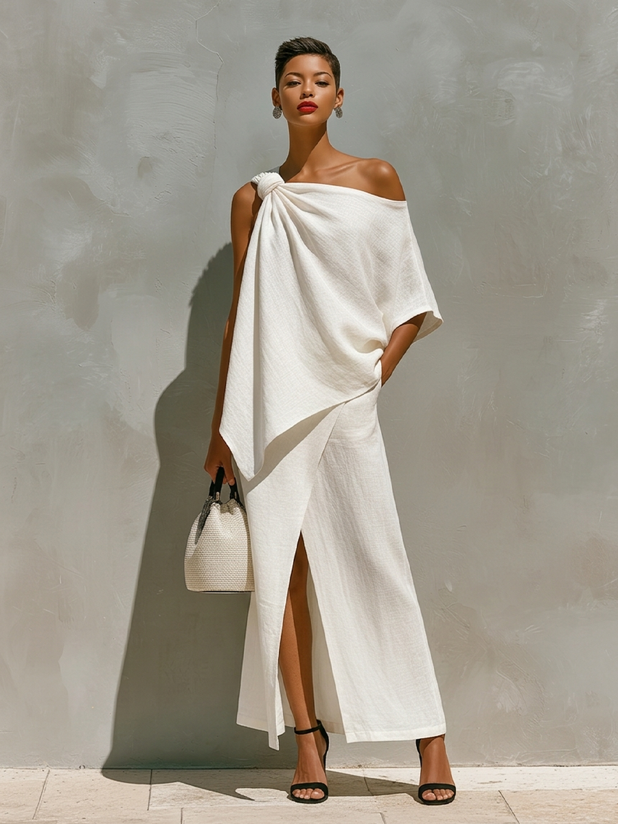 White Linen One-Shoulder Maxi Two-Piece Set with Knot Detail for Resort Wear