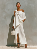 White Linen One-Shoulder Maxi Two-Piece Set with Knot Detail for Resort Wear
