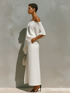 White Linen One-Shoulder Maxi Two-Piece Set with Knot Detail for Resort Wear
