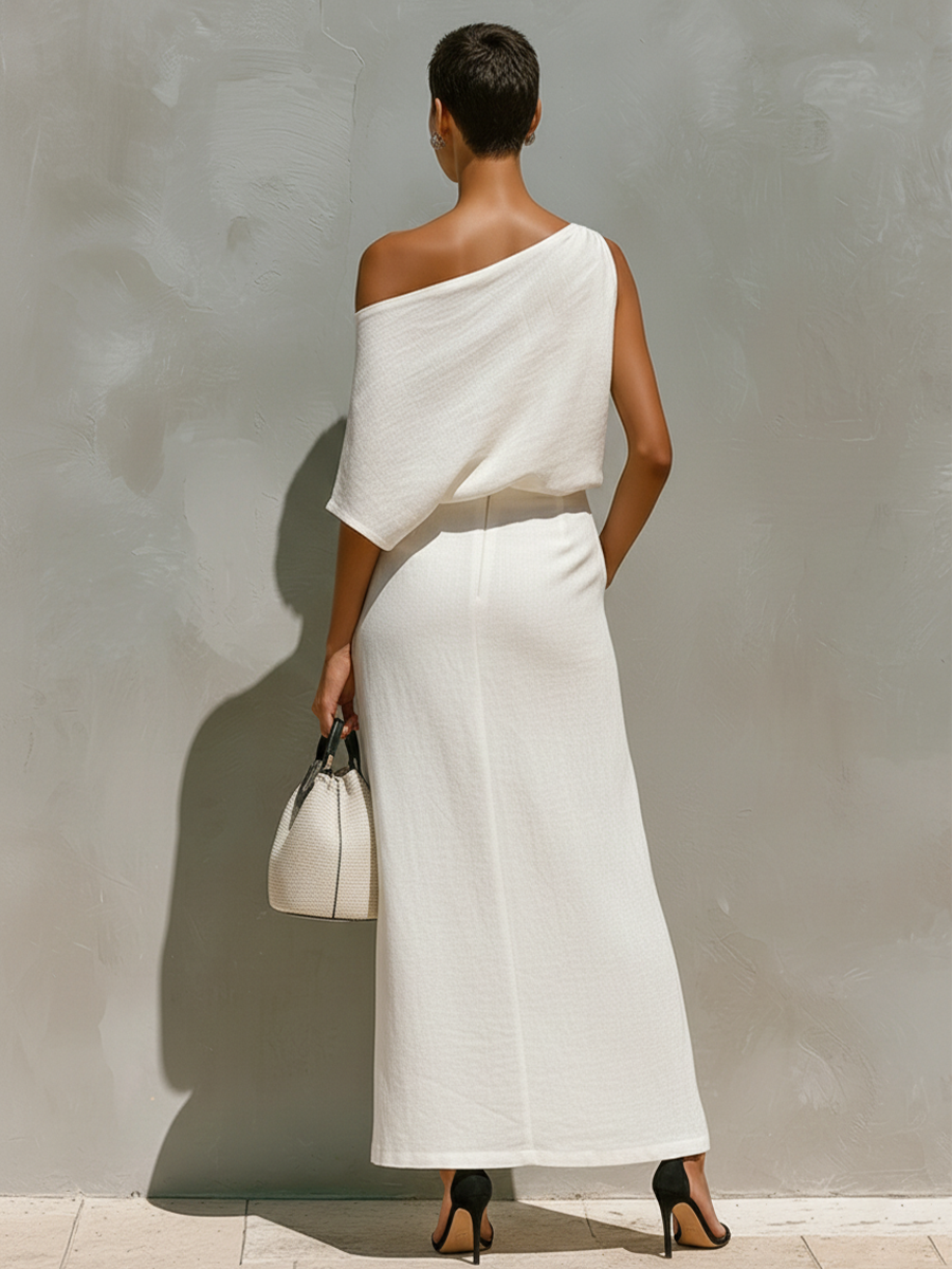 White Linen One-Shoulder Maxi Two-Piece Set with Knot Detail for Resort Wear