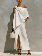 White Linen One-Shoulder Maxi Two-Piece Set with Knot Detail for Resort Wear
