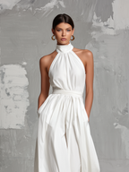 White Woven Sleeveless Halter Jumpsuit for Women - Elegant Summer Outfit