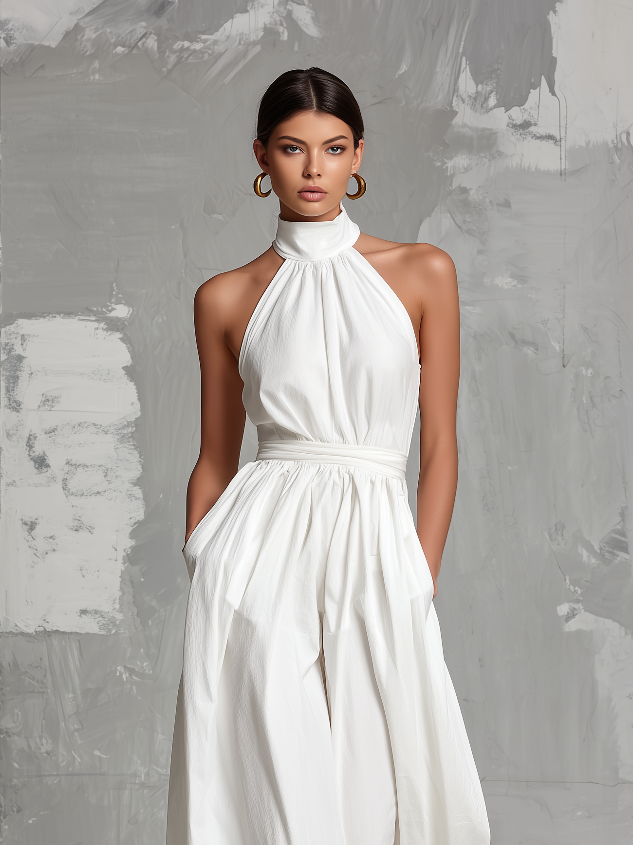 White Woven Sleeveless Halter Jumpsuit for Women - Elegant Summer Outfit