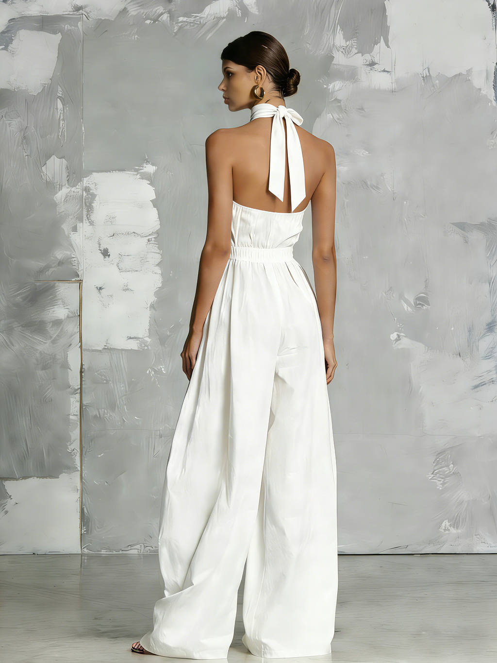White Woven Sleeveless Halter Jumpsuit for Women - Elegant Summer Outfit