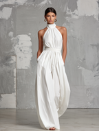 White Woven Sleeveless Halter Jumpsuit for Women - Elegant Summer Outfit