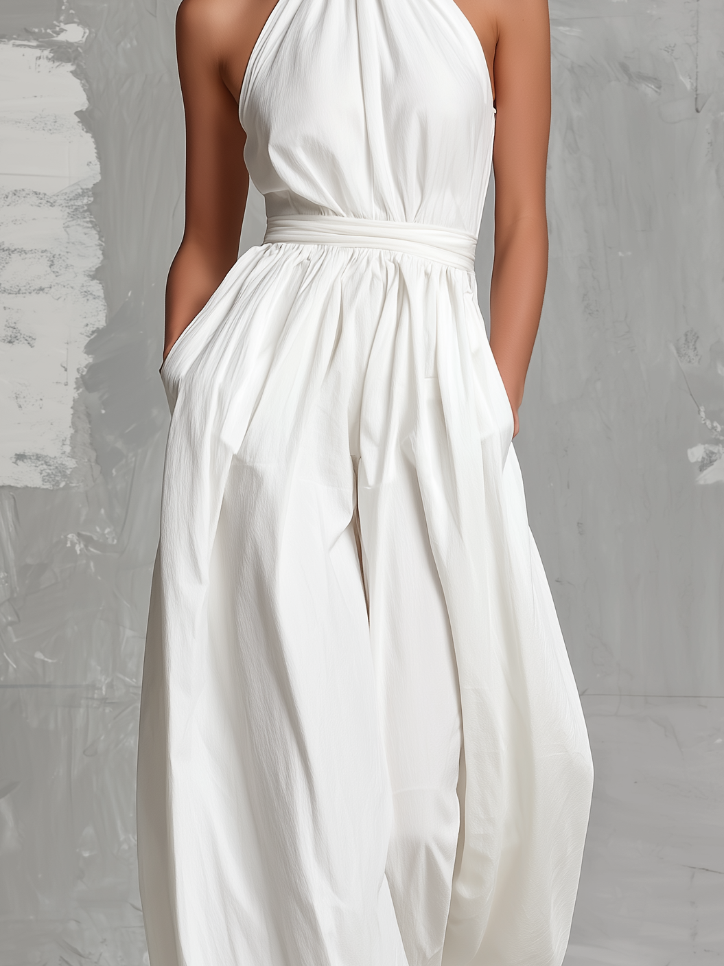 White Woven Sleeveless Halter Jumpsuit for Women - Elegant Summer Outfit