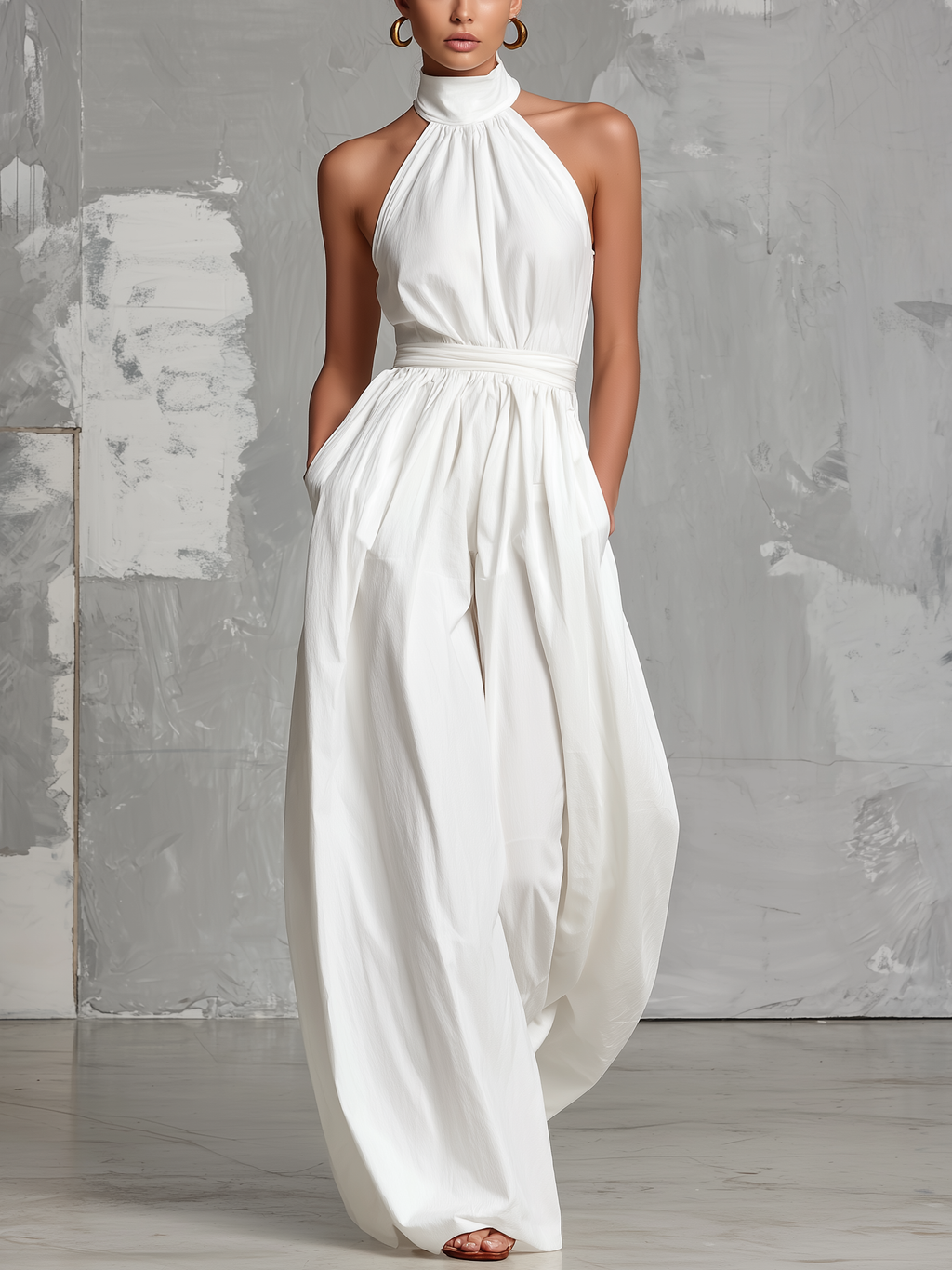 White Woven Sleeveless Halter Jumpsuit for Women - Elegant Summer Outfit
