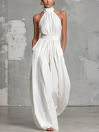 White Woven Sleeveless Halter Jumpsuit for Women - Elegant Summer Outfit