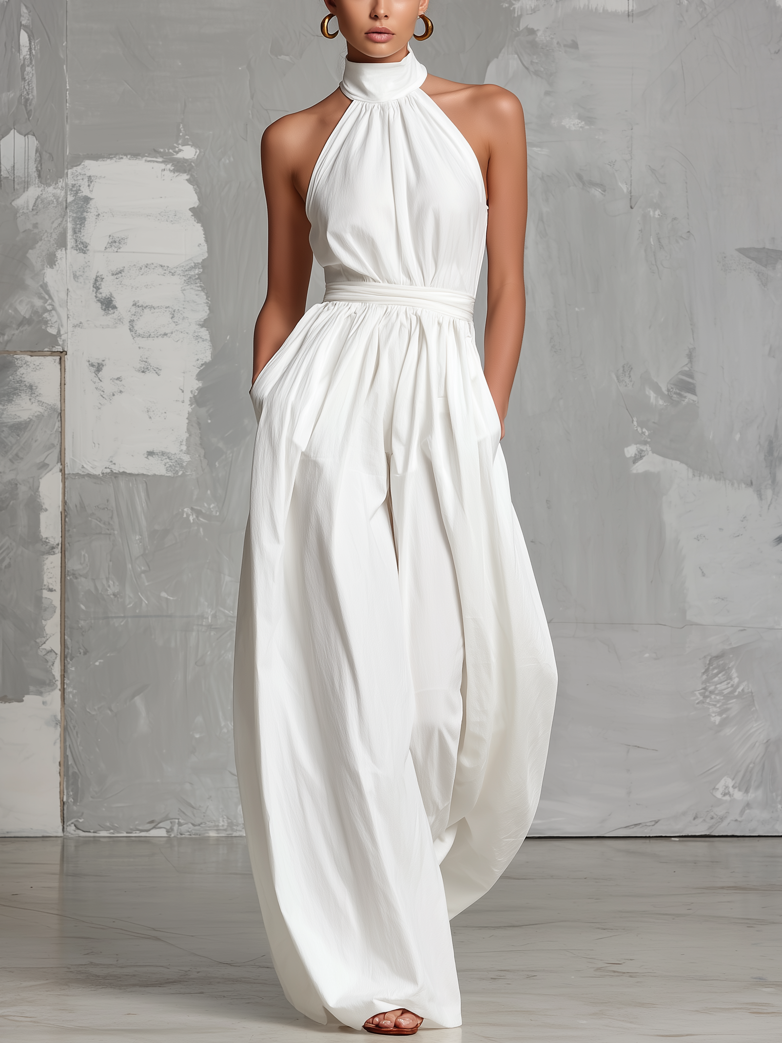 White Woven Sleeveless Halter Jumpsuit for Women - Elegant Summer Outfit