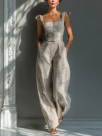 Beige & White Striped Linen Blend Jumpsuit with Square Neck & Tie Straps