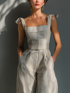 Beige & White Striped Linen Blend Jumpsuit with Square Neck & Tie Straps