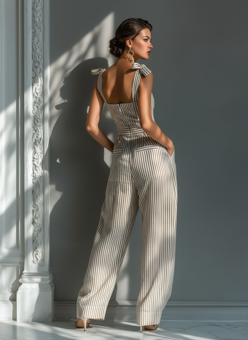 Beige & White Striped Linen Blend Jumpsuit with Square Neck & Tie Straps