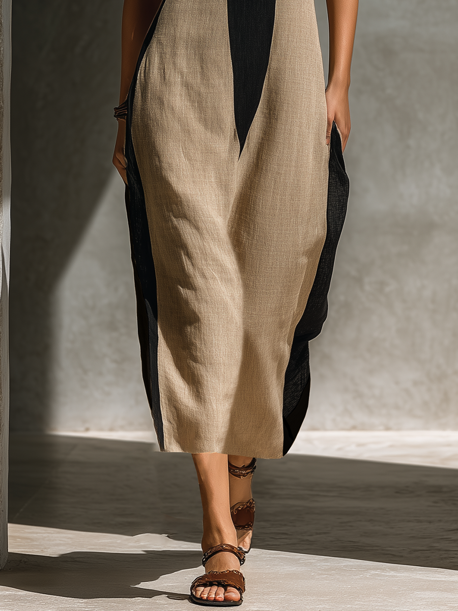 Black and Beige Halter Neck Midi Dress with Keyhole Cutout for Women