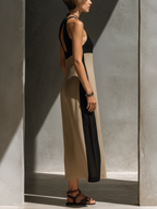Black and Beige Halter Neck Midi Dress with Keyhole Cutout for Women