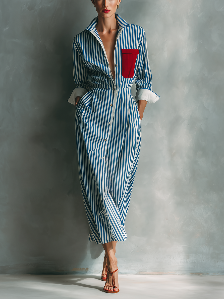 Blue & White Striped Cotton Blend Maxi Shirt Dress with Red Pocket - Casual Wear
