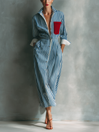 Blue & White Striped Cotton Blend Maxi Shirt Dress with Red Pocket - Casual Wear