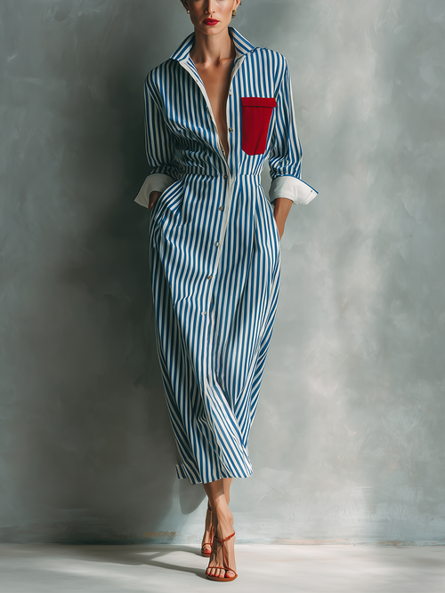 Blue & White Striped Cotton Blend Maxi Shirt Dress with Red Pocket - Casual Wear