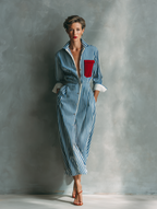 Blue & White Striped Cotton Blend Maxi Shirt Dress with Red Pocket - Casual Wear