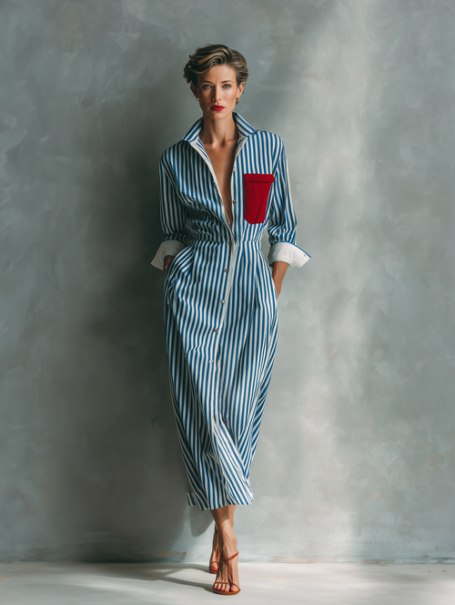 Blue & White Striped Cotton Blend Maxi Shirt Dress with Red Pocket - Casual Wear