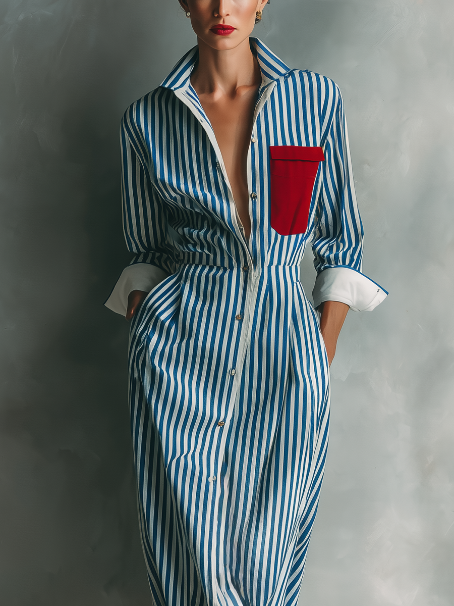 Blue & White Striped Cotton Blend Maxi Shirt Dress with Red Pocket - Casual Wear