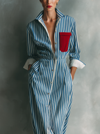 Blue & White Striped Cotton Blend Maxi Shirt Dress with Red Pocket - Casual Wear