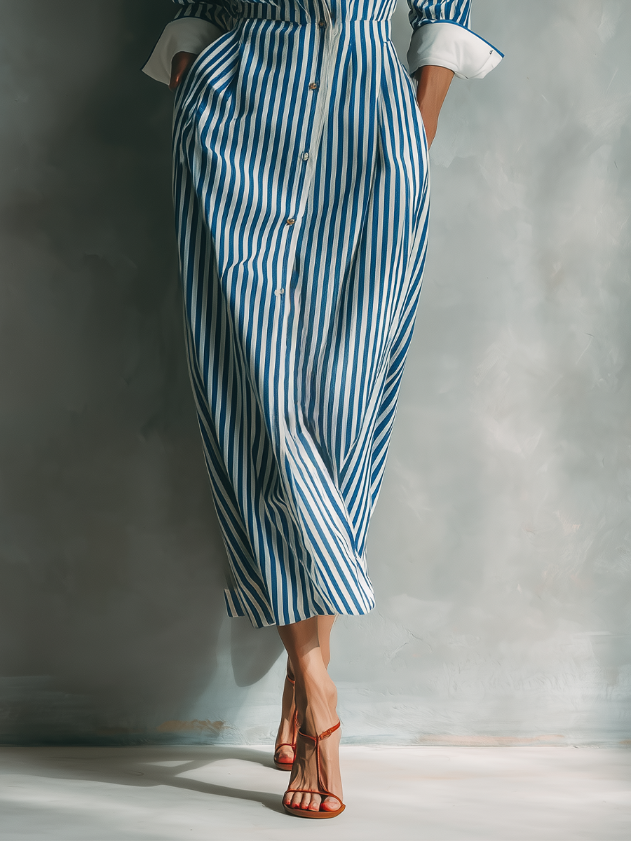 Blue & White Striped Cotton Blend Maxi Shirt Dress with Red Pocket - Casual Wear