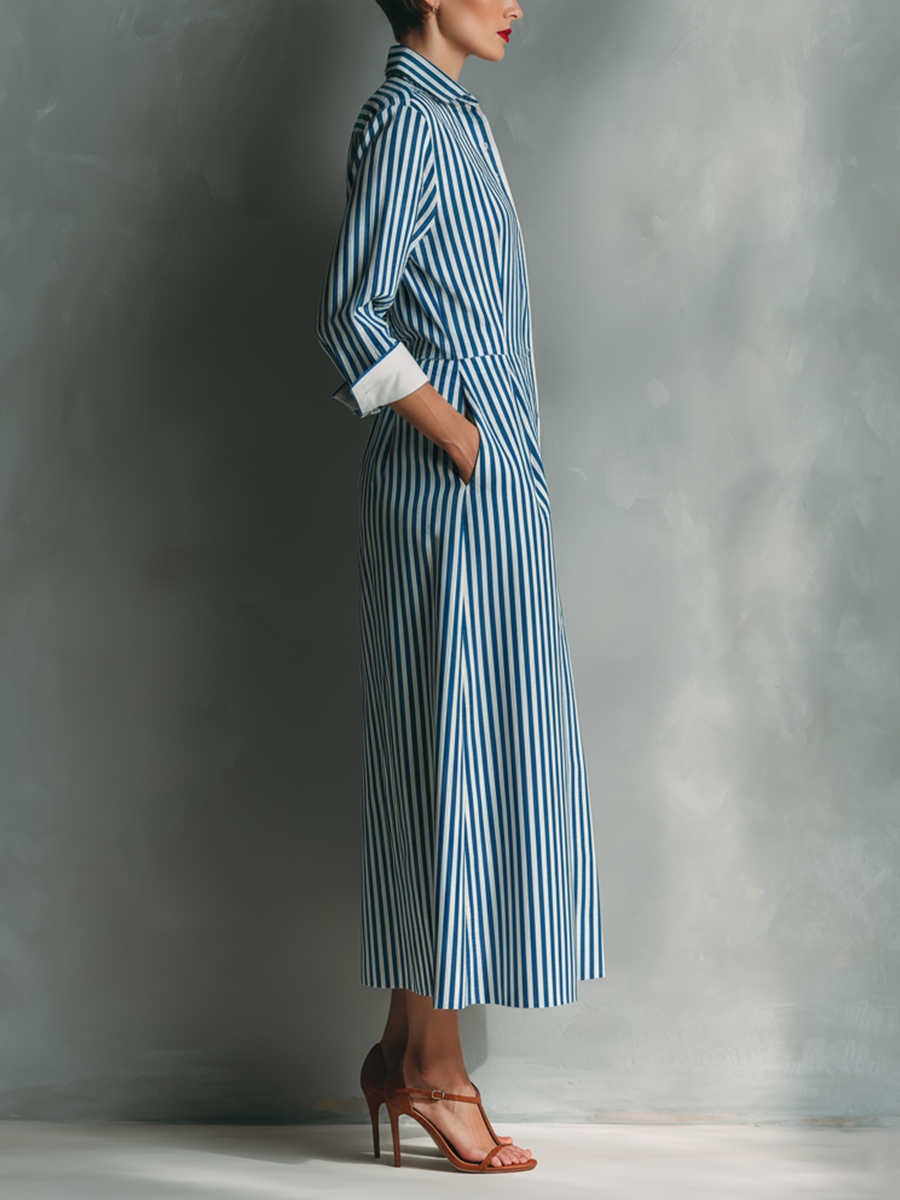 Blue & White Striped Cotton Blend Maxi Shirt Dress with Red Pocket - Casual Wear