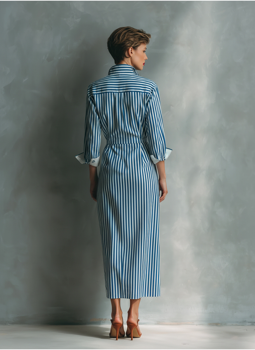 Blue & White Striped Cotton Blend Maxi Shirt Dress with Red Pocket - Casual Wear
