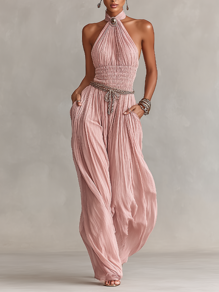 Blush Pleated Halter Jumpsuit with Ruched Waist – Elegant Women's Outfit