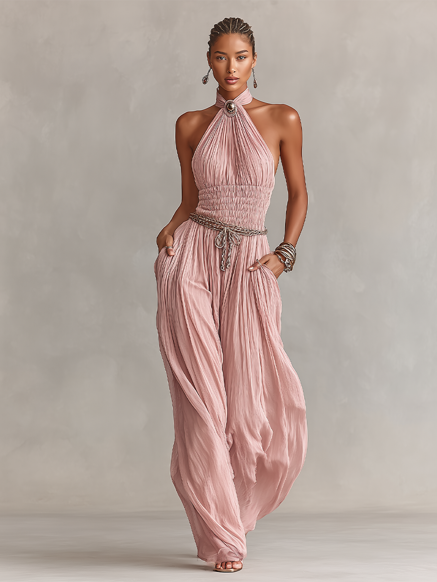 Blush Pleated Halter Jumpsuit with Ruched Waist – Elegant Women's Outfit