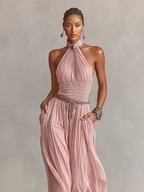Blush Pleated Halter Jumpsuit with Ruched Waist – Elegant Women's Outfit