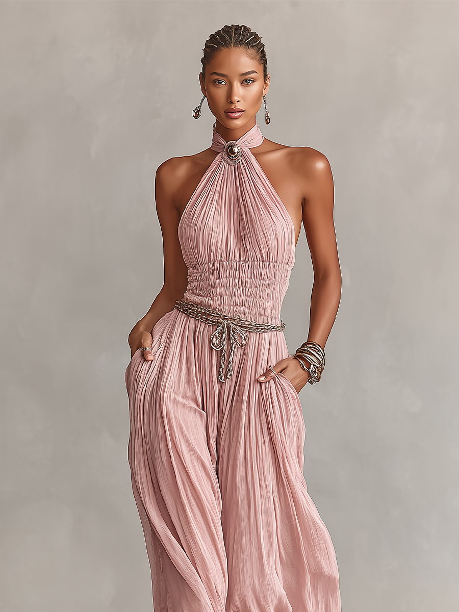 Blush Pleated Halter Jumpsuit with Ruched Waist – Elegant Women's Outfit