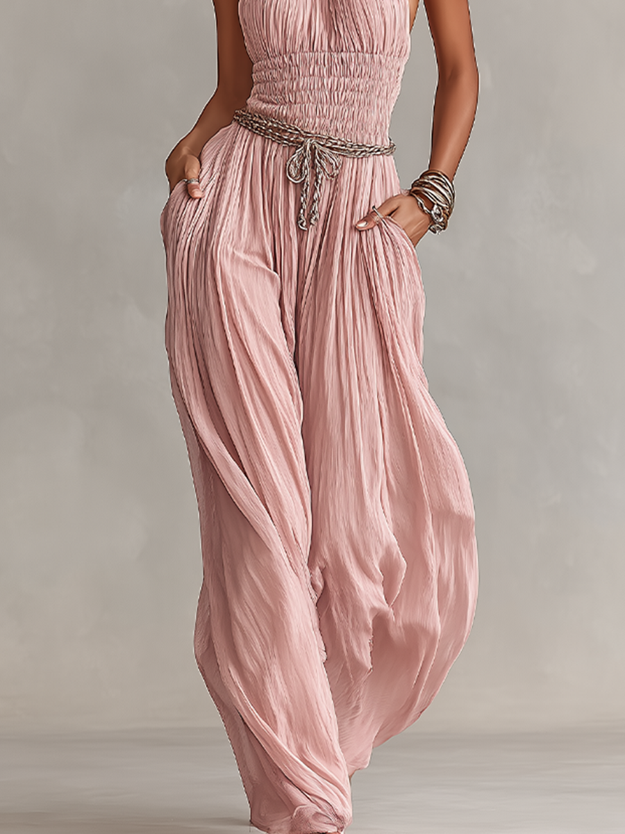 Blush Pleated Halter Jumpsuit with Ruched Waist – Elegant Women's Outfit