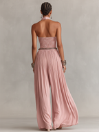 Blush Pleated Halter Jumpsuit with Ruched Waist – Elegant Women's Outfit
