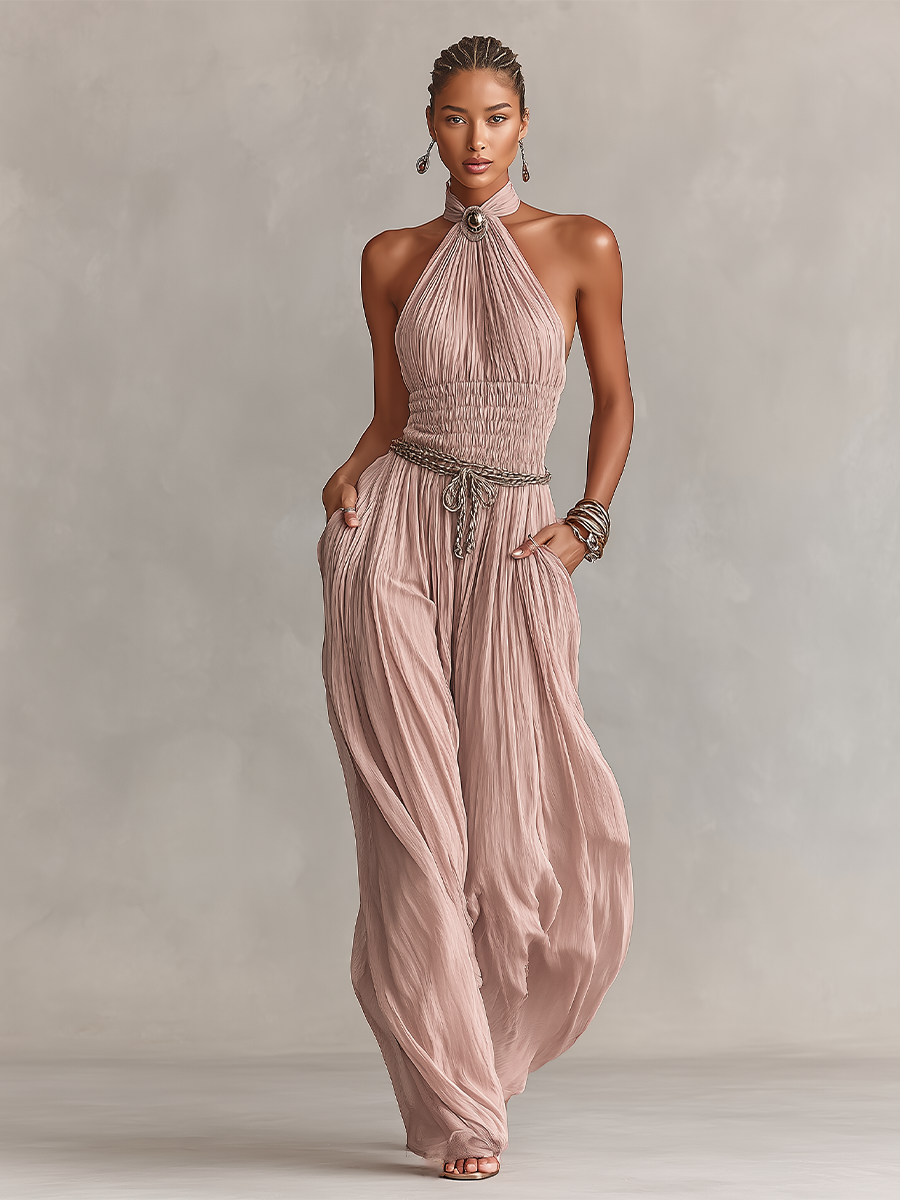 Blush Pleated Halter Jumpsuit with Ruched Waist – Elegant Women's Outfit