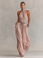 Blush Pleated Halter Jumpsuit with Ruched Waist – Elegant Women's Outfit