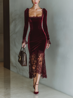 Burgundy Velvet Lace Maxi Dress with Sweetheart Neckline for Evening Events