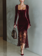 Burgundy Velvet Lace Maxi Dress with Sweetheart Neckline for Evening Events