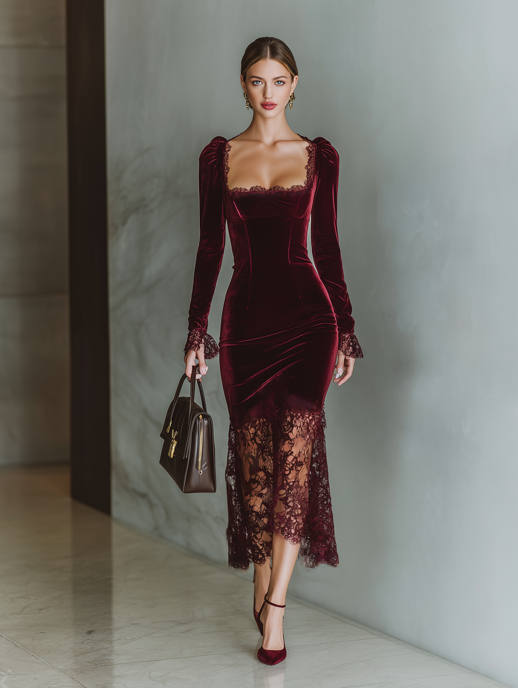 Burgundy Velvet Lace Maxi Dress with Sweetheart Neckline for Evening Events