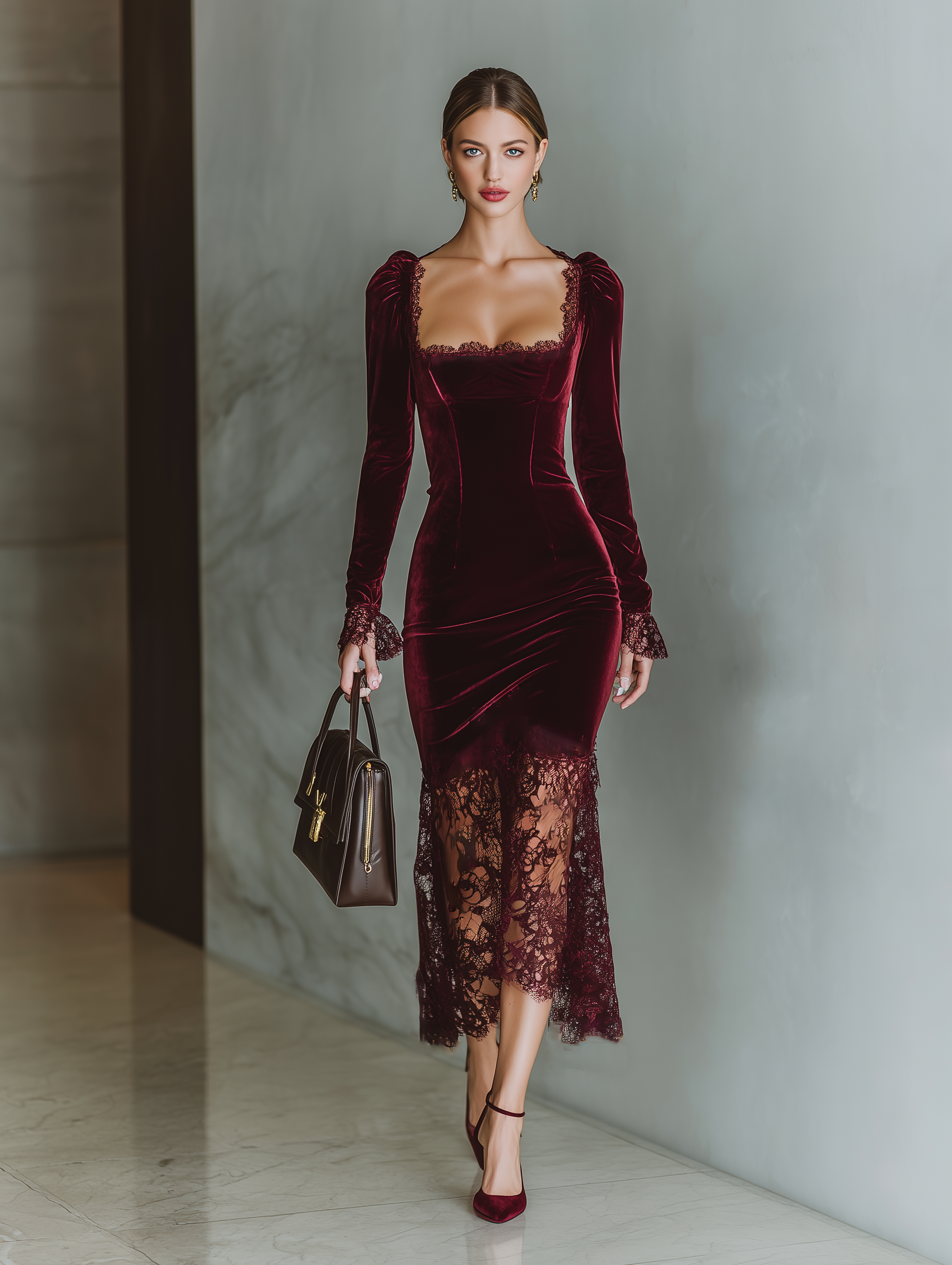 Burgundy Velvet Lace Maxi Dress with Sweetheart Neckline for Evening Events