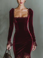 Burgundy Velvet Lace Maxi Dress with Sweetheart Neckline for Evening Events