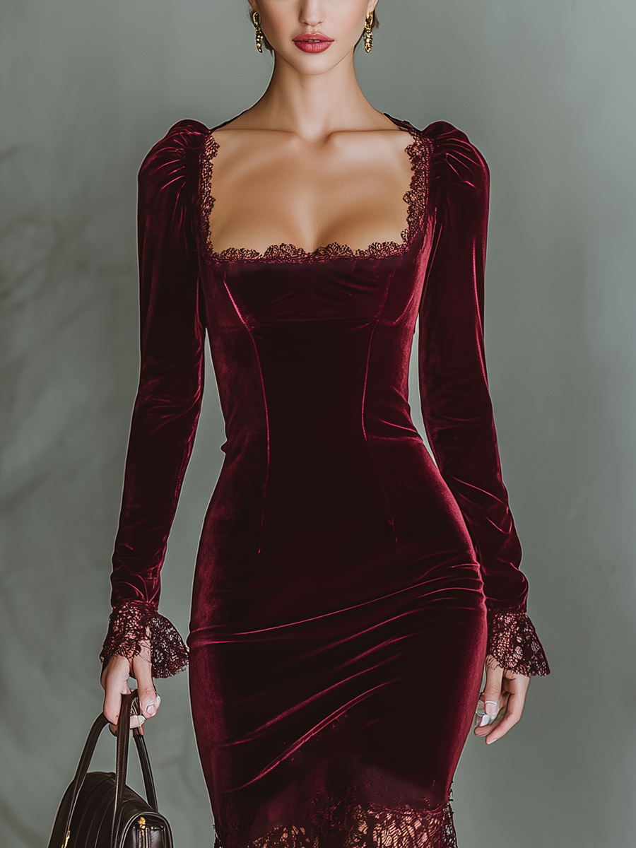 Burgundy Velvet Lace Maxi Dress with Sweetheart Neckline for Evening Events