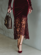 Burgundy Velvet Lace Maxi Dress with Sweetheart Neckline for Evening Events