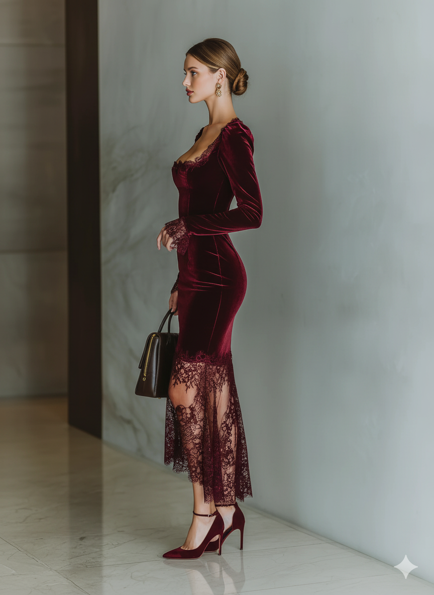 Burgundy Velvet Lace Maxi Dress with Sweetheart Neckline for Evening Events