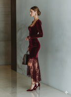 Burgundy Velvet Lace Maxi Dress with Sweetheart Neckline for Evening Events