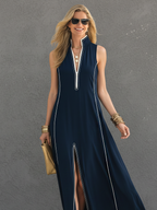 Dark Blue Stretch-Knit Sleeveless Maxi Dress with Stand Collar for Casual Wear